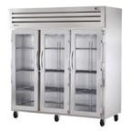 image of True STG3R-3G 77" Three Section Reach-In Refrigerator w/ 3 Glass Doors, Top Mount, Stainless Steel Front-Aluminum Sides