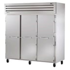 image of True STG3R-3S 77" Three Section Reach-In Refrigerator w/ 3 Solid Doors, Top Mount, Stainless Steel Front-Aluminum Sides