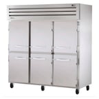 image of True STG3R-6HS 77" Three Section Reach-In Refrigerator w/ 6 Solid Half Doors, Top Mount, Stainless Steel Front-Aluminum Sides