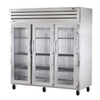 image of True STR3R-3G 77" Three Section Reach-In Refrigerator w/ 3 Glass Doors, Top Mount, Stainless Steel