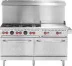 image of Vulcan SX60F-6B24GP 60" LP Gas Restaurant Range w/ (6) Open Burners, 24" Griddle, (2) Standard Ovens, 258.000 BTU