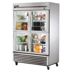 image of True T-49G-4-HC~FGD01 54" Two Section Reach-In Refrigerator w/ 4 Glass Half Doors, Bottom Mount, Stainless Steel Front-Aluminum Sides