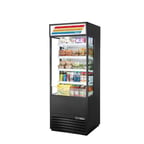 image of True TOAM-30GS-HC~TSL01 30" Vertical Air Curtain Merchandiser in Black, Self-Contained, 4 Shelves, Glass Sides, Lighted Sing Panel