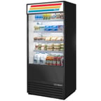 image of True TOAM-36-HC~TSL01 36" Vertical Air Curtain Merchandiser in Black, Self-Contained, 4 Shelves, Lighted Sing Panel