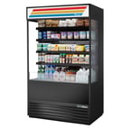 image of True TOAM-48GS-HC~TSL01 48" Vertical Air Curtain Merchandiser in Black, Self-Contained, Glass Sides, 4 Shelves, Lighted Sing Panel