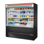 image of True TOAM-72-HC~TSL01 72" Vertical Air Curtain Merchandiser in Black, Self-Contained, 4 Shelves, Lighted Sing Panel