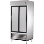 image of True TSD-33-HC 40" Two Section Reach-In Refrigerator w/ 2 Solid Sliding Doors, Bottom Mount, Stainless Steel Front-Aluminum Sides