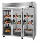 image of Turbo Air PRO-77R-G-N 78" Three Section Reach-In Refrigerator w/ 3 Glass Doors, Top Mount, Stainless Steel, 76 cu. ft.