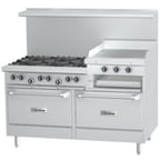 image of Garland US Range U60-6R24RR 60" Gas Restaurant Range w/ (6) Open Burners, 24" Raised Griddle/Broiler, (2) Standard Ovens, 301.000 BTU