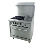 image of Cookline CR36-12G 36" Gas Restaurant Range w/ (4) Open Burners, 12" Griddle Right, (1) Standard Oven, 171.000 BTU