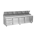 image of Victory VPPD119HC-3 118" Four Section Refrigerated Pizza Prep Table w/ 3 Doors & 3 Drawers