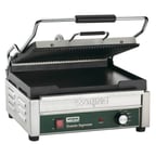 image of Waring WDG250 Single Cast Iron Sandwich Panini Grill w/ 14.5" x 11" Grooved Plates, 120V