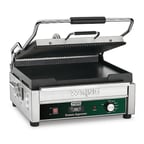 image of Waring WDG250T Single Cast Iron Sandwich Panini Grill w/ Timer, 14.5" x 11" Grooved Plates, 120V