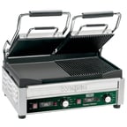 image of Waring WDG300T Double Cast Iron Sandwich Panini Grill w/ Timer, Smooth & Grooved Plates, 240V