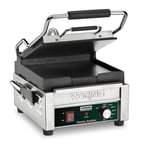 image of Waring WFG150 Single Cast Iron Sandwich Panini Grill w/ Smooth Plates, 120V