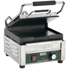 image of Waring WFG150T Single Cast Iron Sandwich Panini Grill w/ Timer, Smooth Plates, 120V