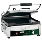 image of Waring WFG275 Single Cast Iron Sandwich Panini Grill w/ 14" x 14" Smooth Plates, 120V