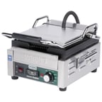 image of Waring WPG150T Single Cast Iron Sandwich Panini Grill w/ Timer, 9" x 9" Grooved Plates, 120V