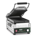 image of Waring WPG200 Single Compresso Slimline Panini Grill  w/ Cast Iron Grooved Plates, 120V
