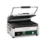 image of Waring WPG250TB Single Cast Iron Panini Grill w/ Timer, 14.5" x 11" Grooved Plates, 208V