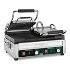 image of Waring WPG300 Double Cast Iron Sandwich Panini Grill w/ 17" x 9.25" Grooved Plates, 240V