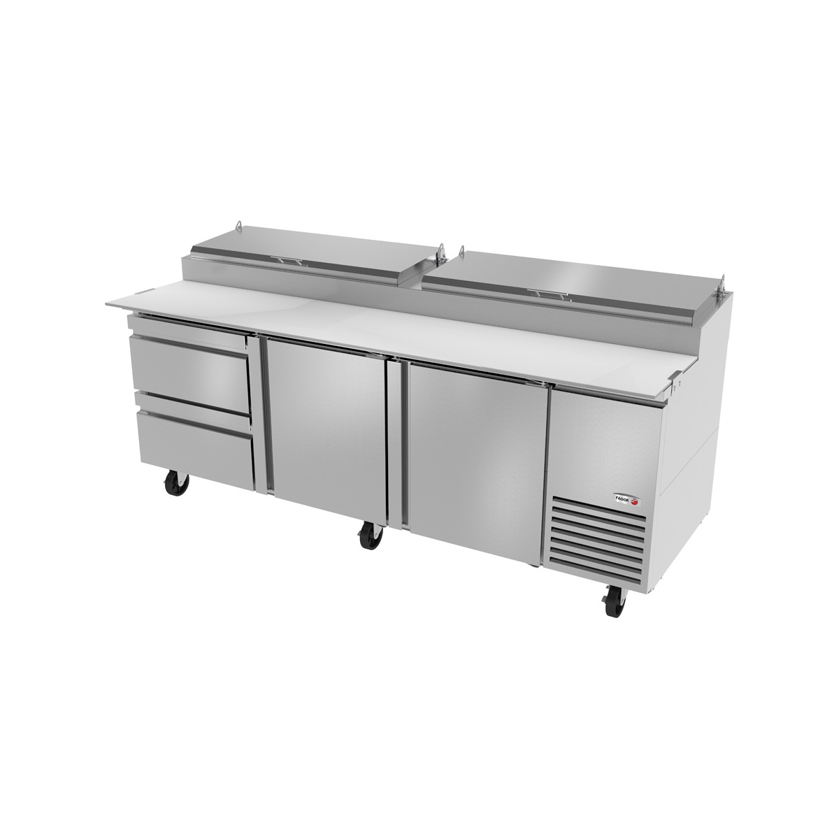 Fagor FPT93D2 93 Three Section Refrigerated Pizza Prep Table w 2 Doors  2 Drawers