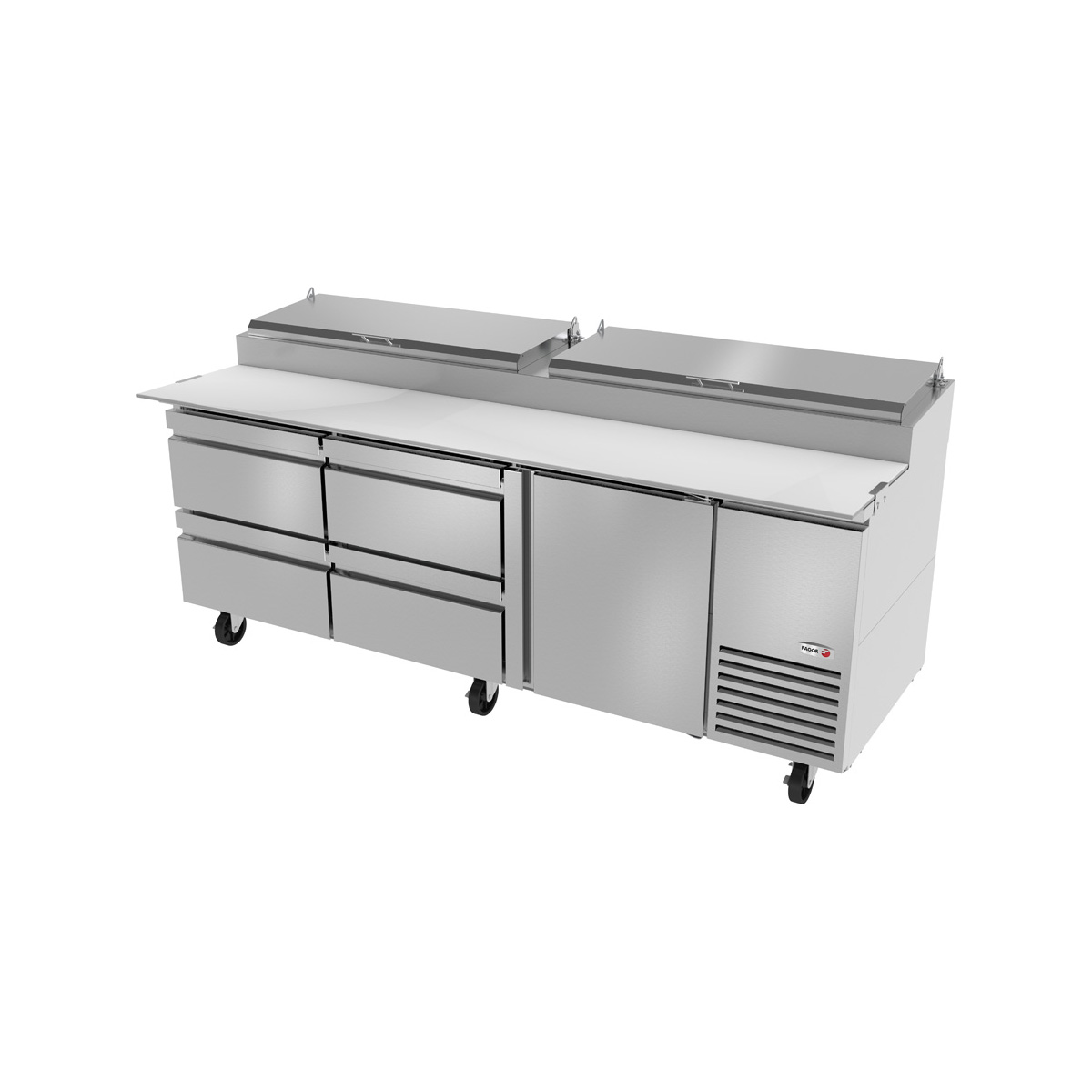 Fagor FPT93D4 93 Three Section Refrigerated Pizza Prep Table w 1 Door  4 Drawers