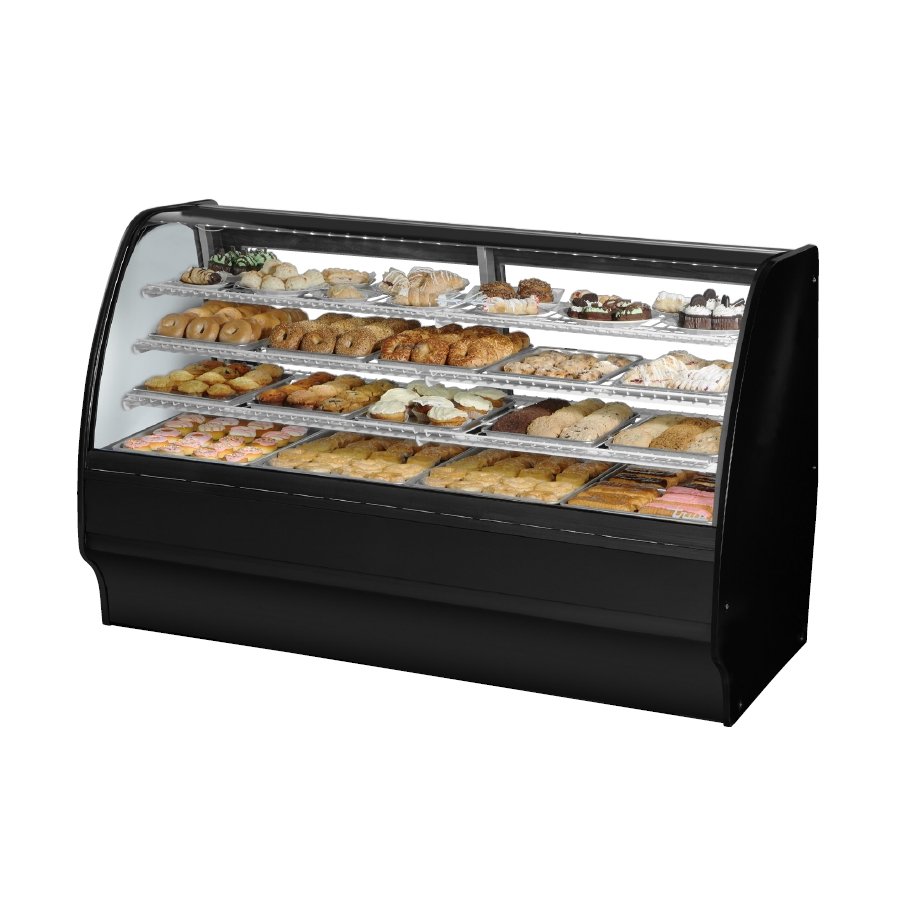 True TGM-DC-77-SC/SC-W-W 77" Curved Glass Solid Colored End Dry Bakery Merchandiser